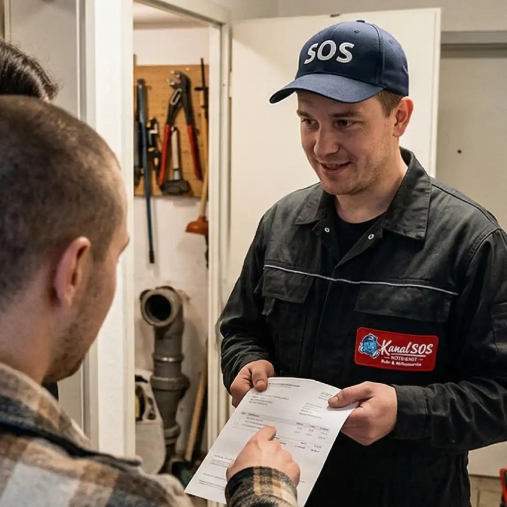 Kanal-SOS Techniker erläutert Kunden vor Ort den nächsten Arbeitsschritt.