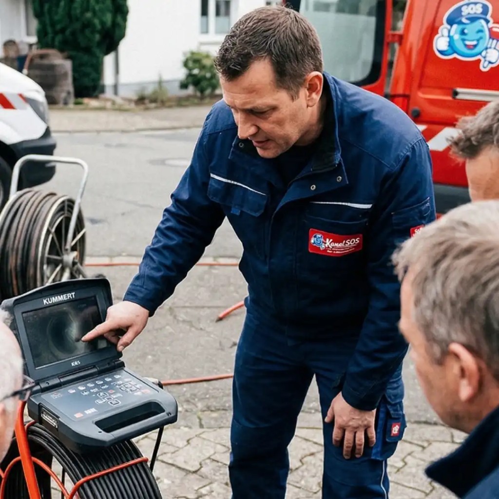 Kanal-SOS Techniker erklärt Kunden eine Kamerainspektion vor Ort.